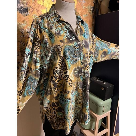 Tianello SS Christina Button Front Blouse Tencel Blend W/ Mixed Earthtone Patter - Picture 2 of 9